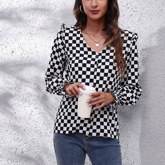 Camisa De Manga Larga Con Botones, Cuello En V, Camisa Con Botones, Lavable A Máquina, Fácil De Combinar, Ribete De Volantes, Hombro, Fibra De Poliéster, Casual Para Fin De ANGGREK No