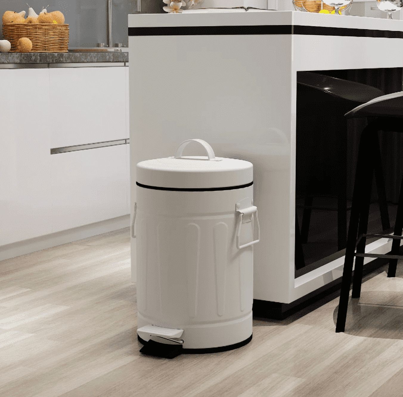 Innovaze 3.2 Gallon and 0.8 Gallon Round Bathroom and Office Carbon Steel Step Trash Can Set,White