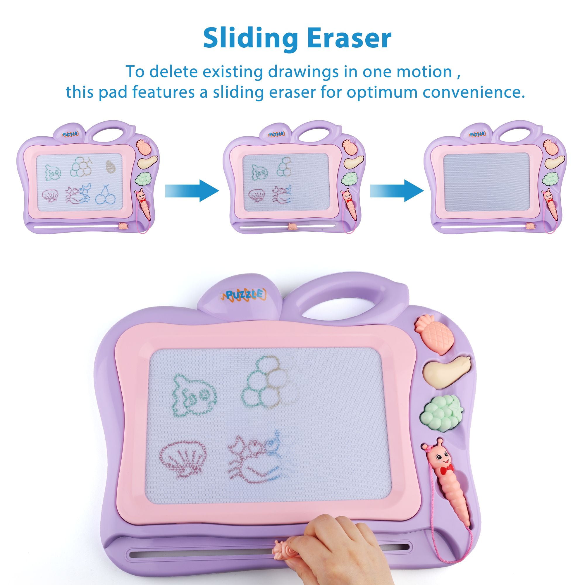 Lotfancy Kids Magnetic Drawing Board Violet Assorted Colors Writing Painting Sketching Pad With Stand For Learning 16x13 Large Erasable Magna Doodle Board With Stamps Stencils For Toddlers Toys Games Drawing