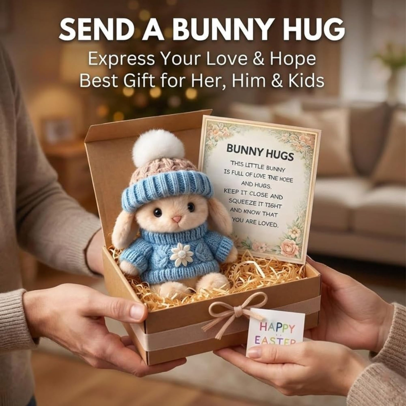 Mini Bunny Hug Cute Easter Gift, Handmade Soft Plush Rabbit Mini Bunny Hugs in Box, Easter Basket Stuffer, Gift for Women and Men