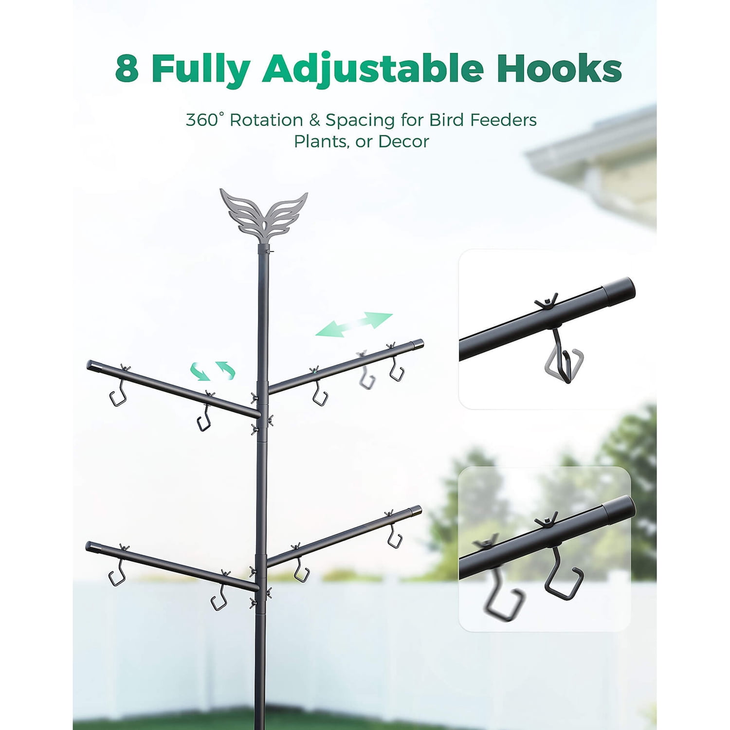PerchMe Heavy-Duty Deluxe Bird Feeder Pole Station with Squirrel Baffle, Rotating Crossbars, and Hooks, 92-In. Max Height SF-BF-PS