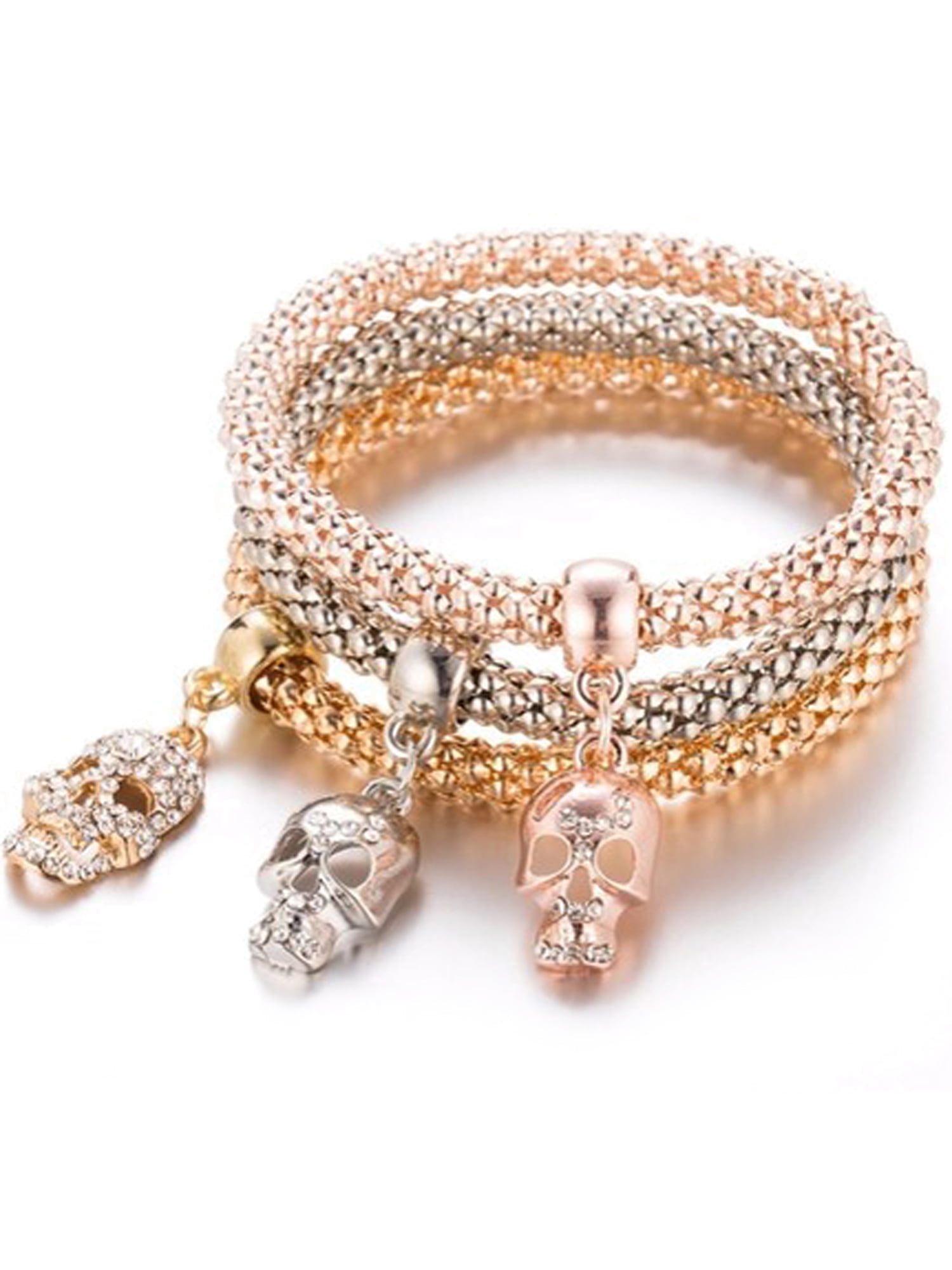 Luxury Divas Tricolor Stacked 3Piece Bracelet Set With Rhinestone Skull Charm