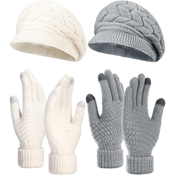 Kiibsot 4 Pieces Women Winter Hat and Gloves Set, Warm Knitted Beanie Hat Snow Ski Skull Visor Cap and Touchscreen Gloves
