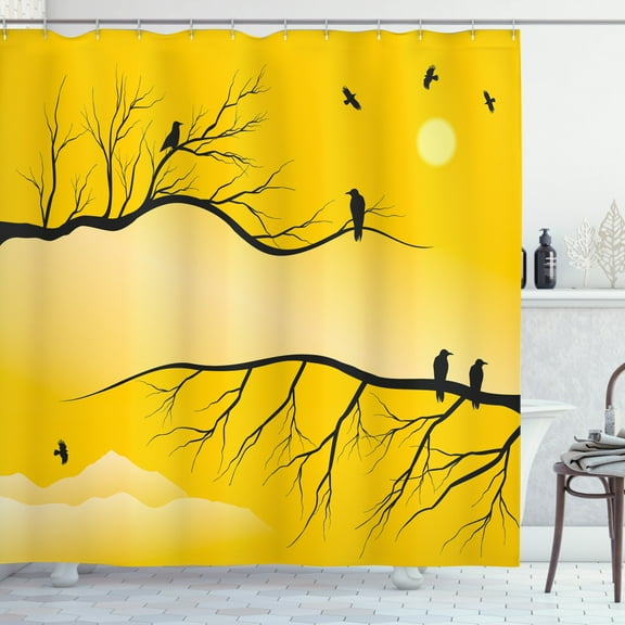 Ambesonne Black Crow Shower Curtain, Birds on Bare Branches, 69"Wx84"L, Grey Yellow