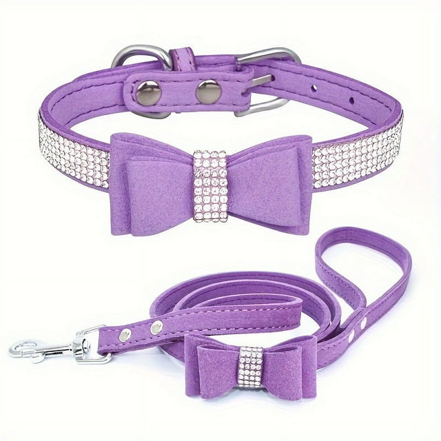 CNKOO 2pcs Sparkling Rhinestone Dog Collar & Leash Set for Small & Medium Dogs Cute Bow Tie Collar with Escape-Proof Rope