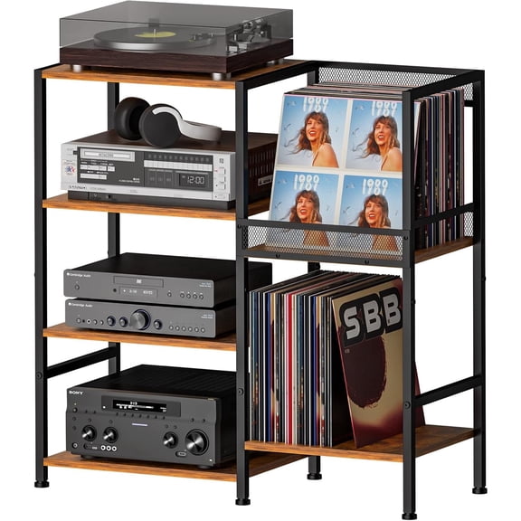 Record Player Stand Table with Vinyl Record Storage Holder-Up to 200  Albums, Small Media Cabinet Console Table Stereo Stand Tower, Audio Video Shelving/Turntable Stand Shelf for Entertainment Center