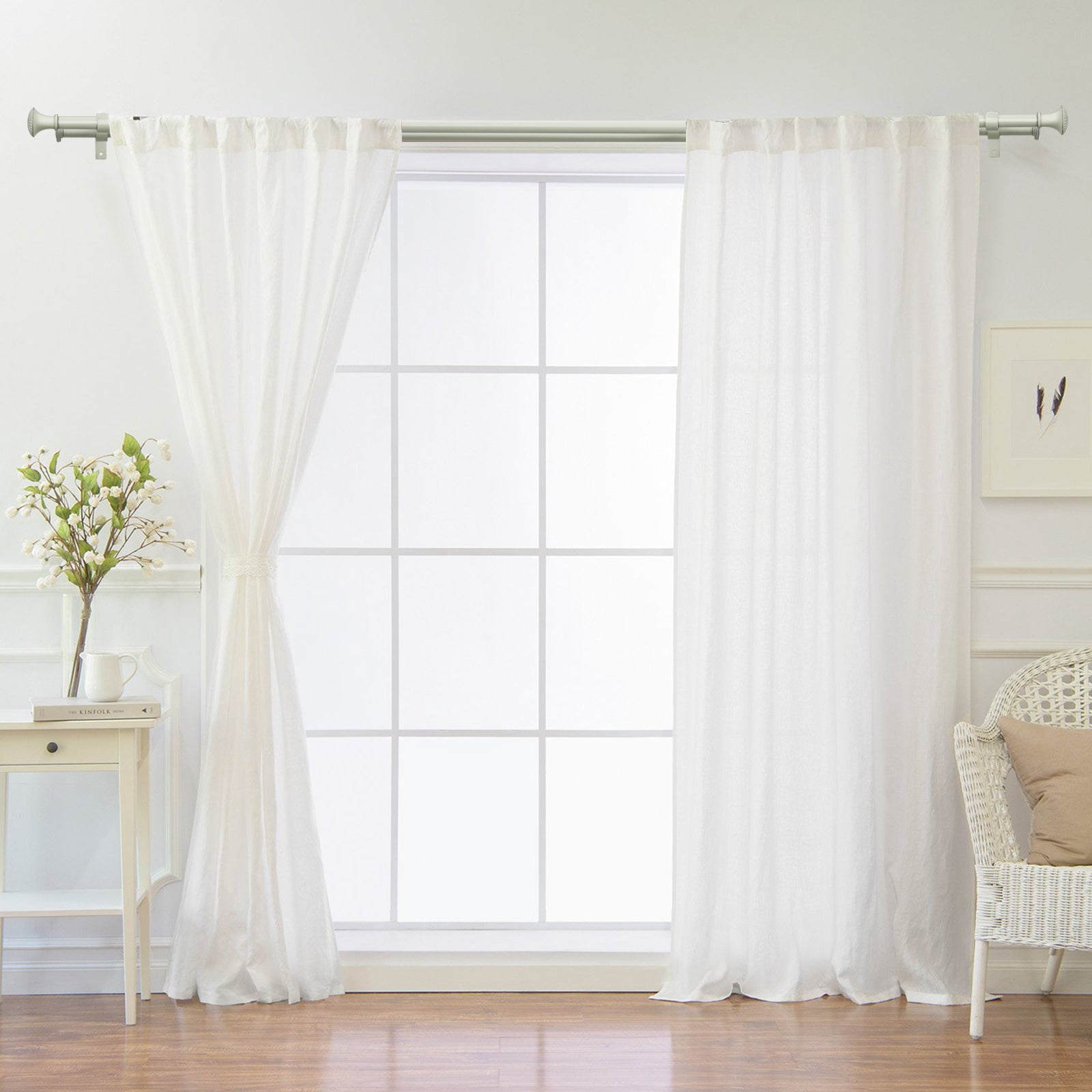 Ridicili 5/8" Telescoping Double Curtain Rods with Trumpet Finials, Weathered White, 84"-120", 5/8 Inches Front and 1/2 Inches Back Double Window Drapery Rod