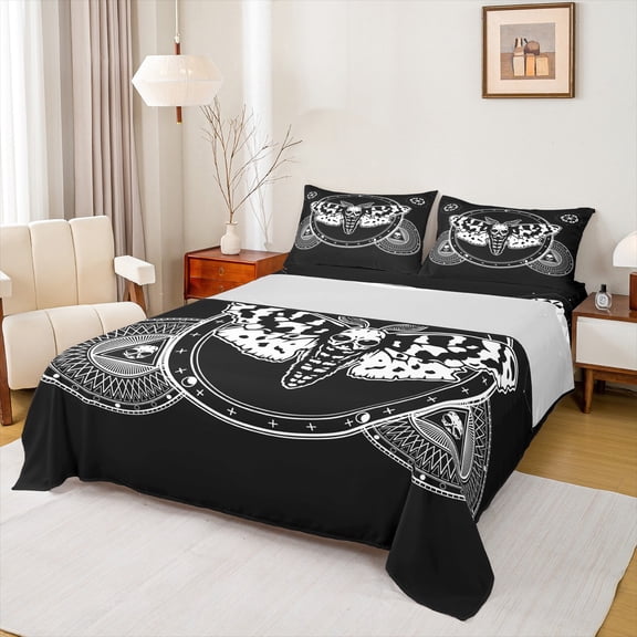 jejeloiu Spooky Moth Skull Queen Sheet Set (4-Piece) Boho White Black Luxury Decor For Boys Teens