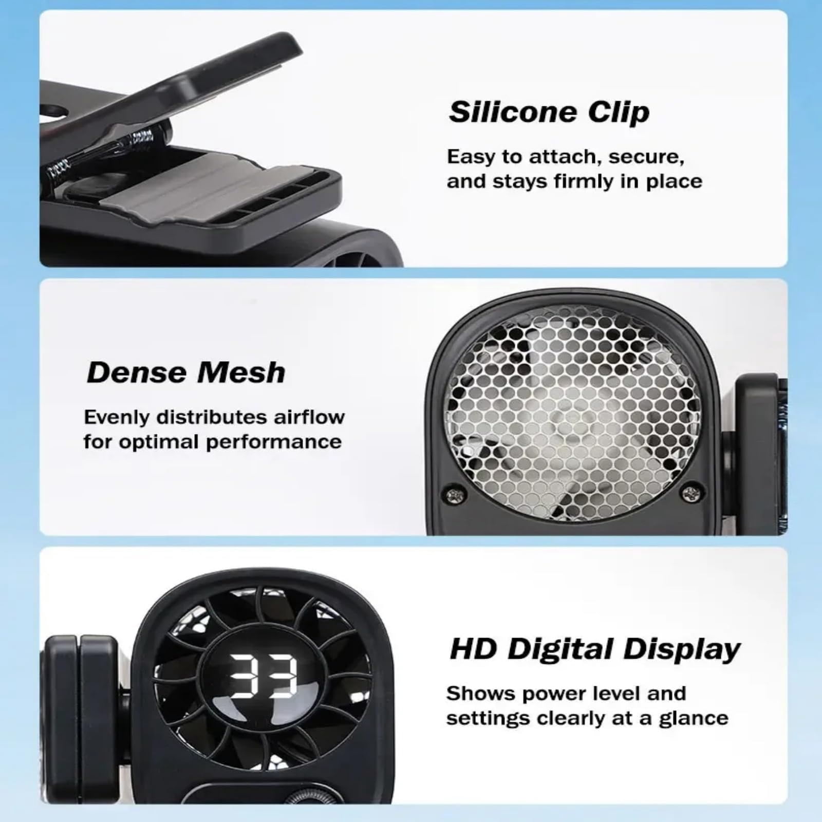 Car Clip-On Fan with LED Display  360° Rotating, 100-Speed Adjustable USB Rechargeable Fan for Car, Umbrella, or Desk, Portable Personal Cooling for Travel, Office, and Outdoor Use