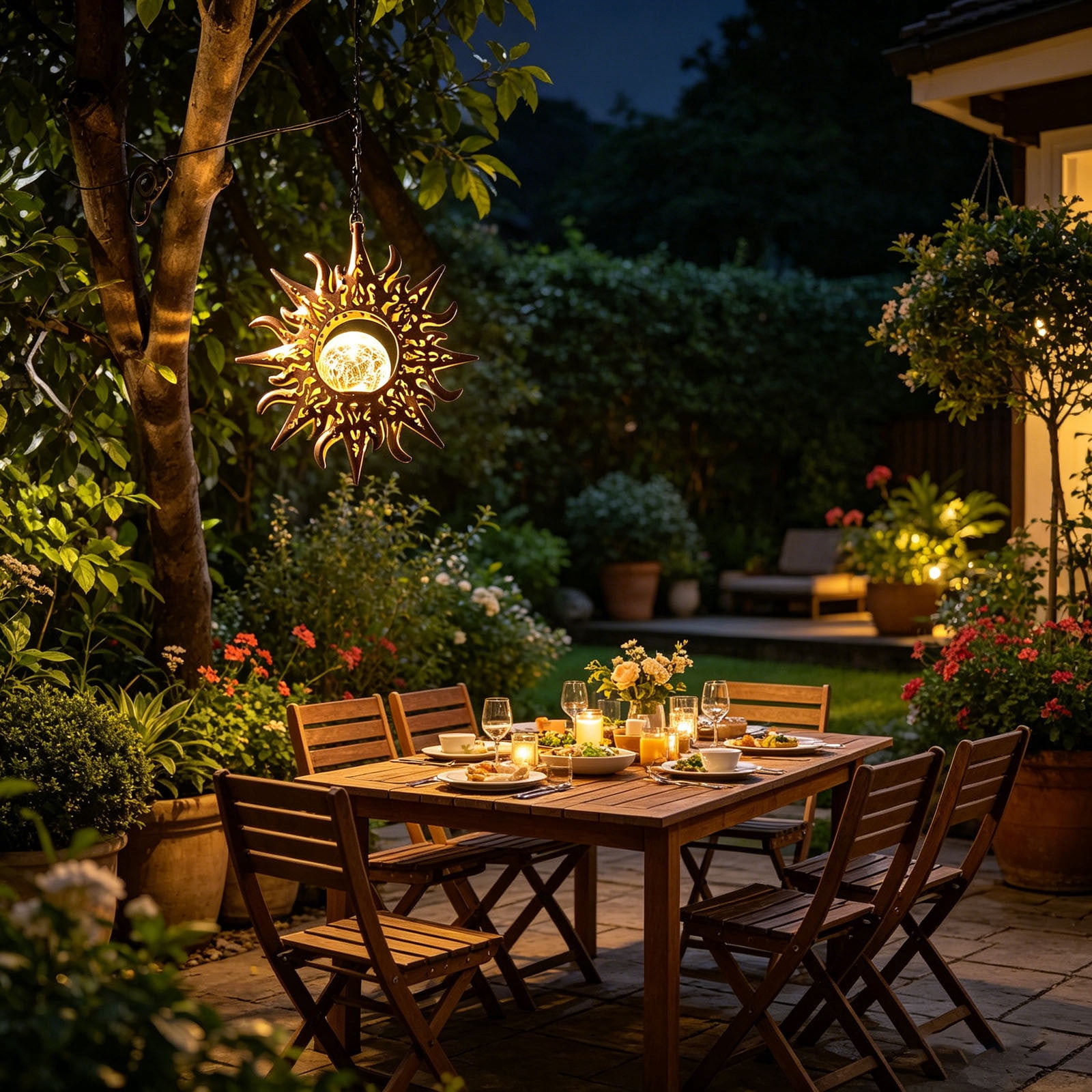 Outdoor Hanging Solar Lights, Garden Decorative Solar Chandeliers 2D Acrylic Hot Air Balloon Shape with Flickering Flame Effect for Patio Porch Wedding Terrace