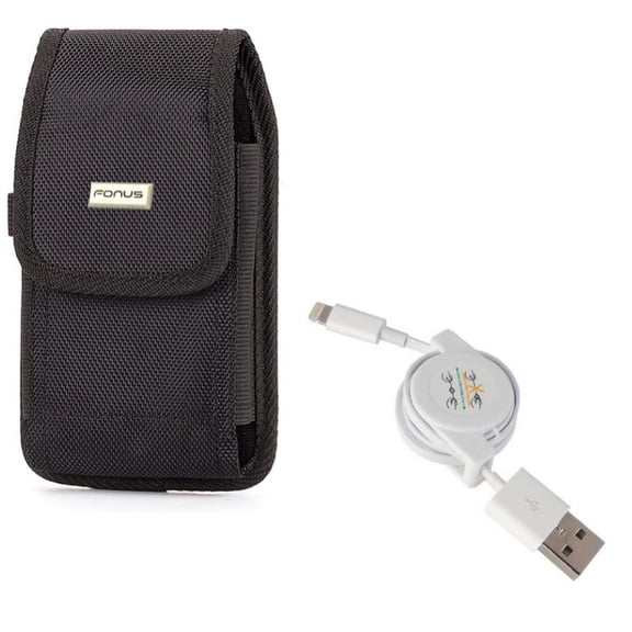 USB Cable w Case Belt Clip for iPhone XS/X - Retractable Charger Power Cord Sync, Swivel Holster Rugged Cover Pouch for iPhone XS/X