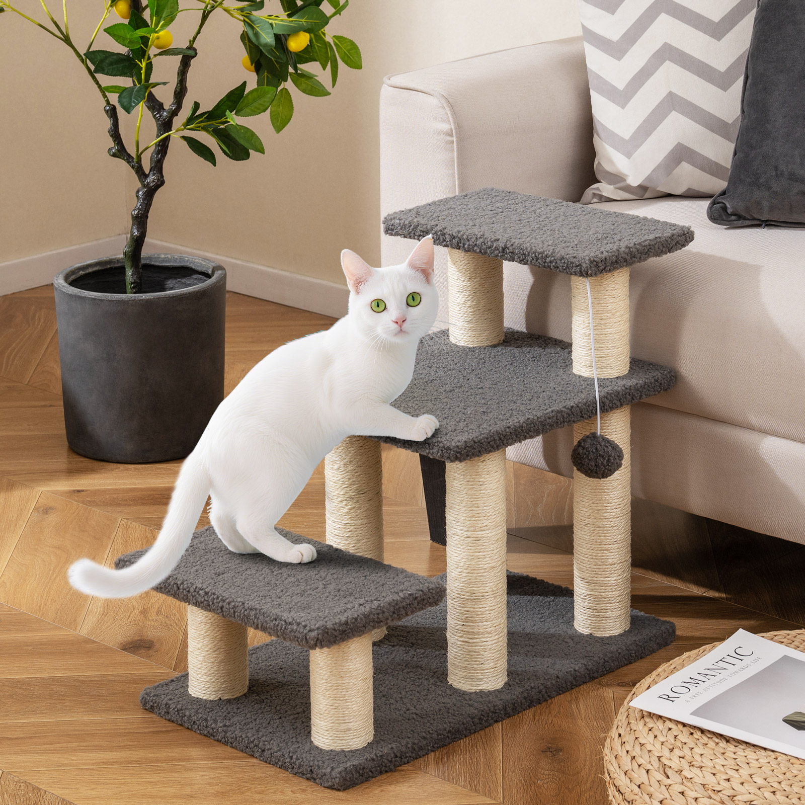 Gymax 2-in-1 Cat Tree Tower Pet Steps w/ Scratching Posts Hanging Toy Ball Perch