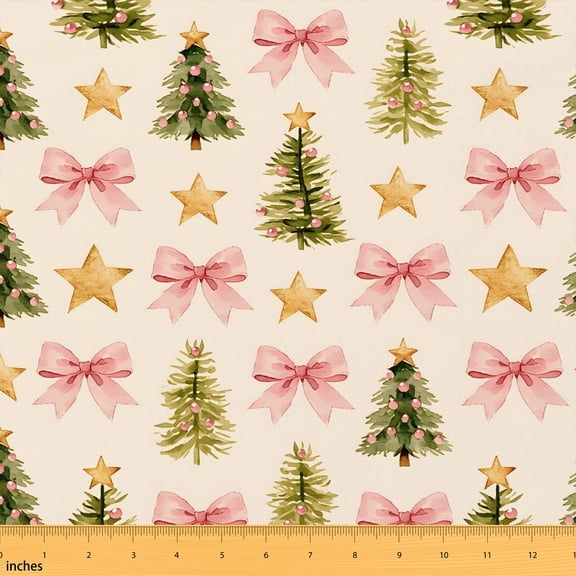 Erosebridal Cream Christmas Tree Fabric by the Yard 1 Yard, Pink Bow Gold Star Home Decor Fabric by the Yard