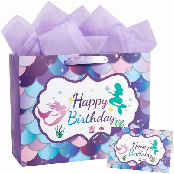 1 Set Party Bags Unisex Scale Gift Bag 13x10.2x4.7in Large Purple Ocean Themed Dreamlike 1Pc Card 3 Sheets Wrapping Paper Birthday Packet