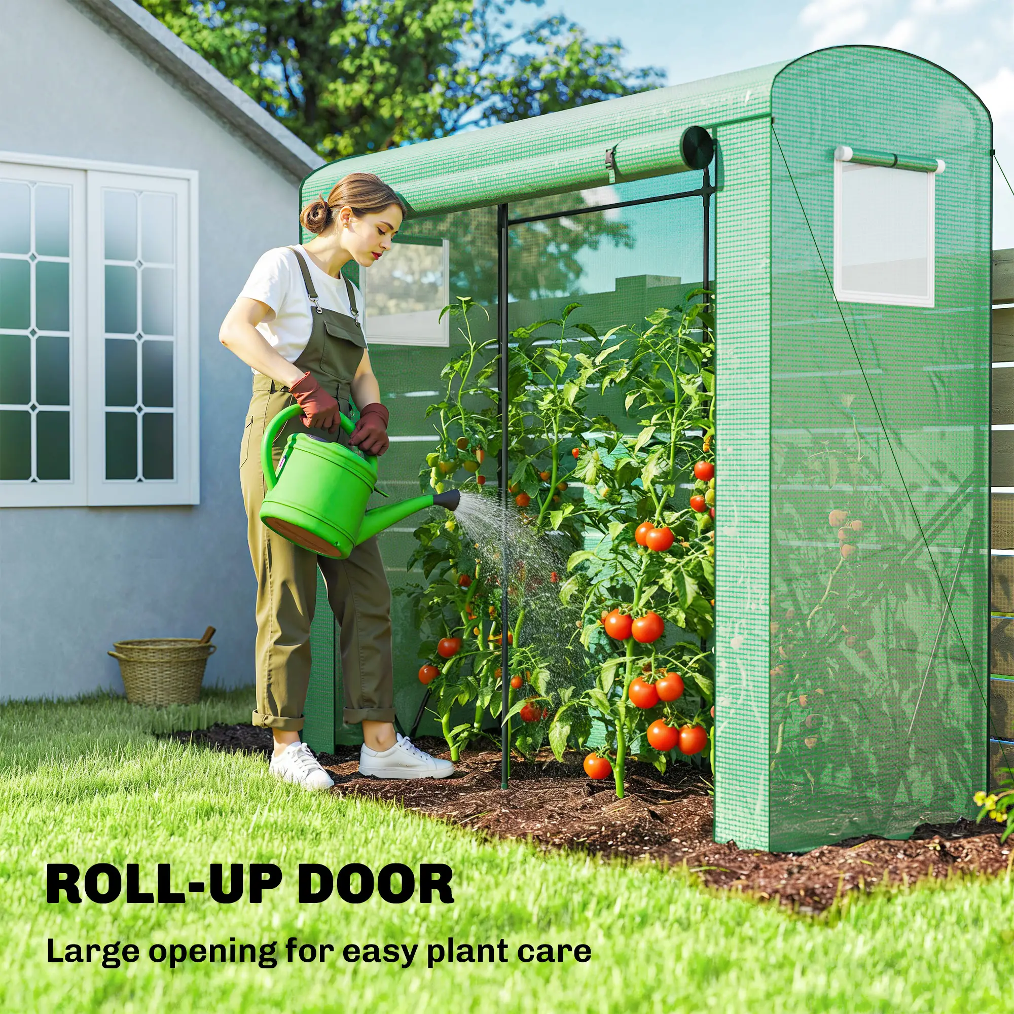 Walk-in Greenhouse with 140gsm PE Cover, Roll-Up Door & Mesh Windows, Powder-Coated Steel Frame, Windproof Level 4 for Outdoor Plants