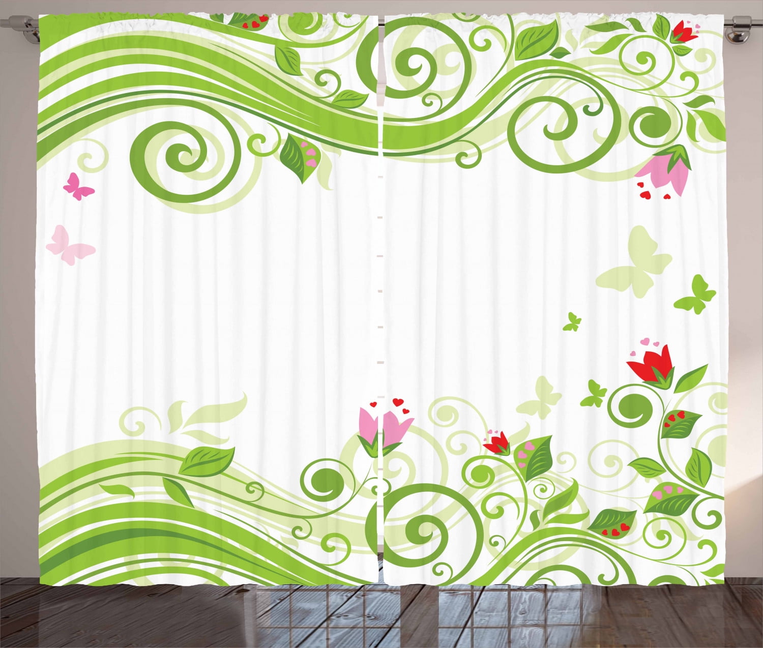 Green Flower Curtains 2 Panels Set, Blossoming Abstract Elements Swirls