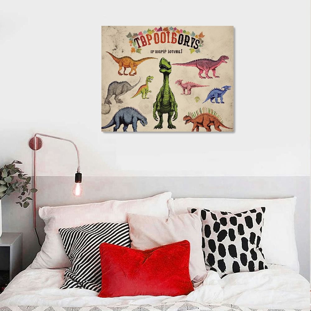 COMIO Dinosaur Wall Art Cute Dinosaur Pictures Wall Decor for Boy Room Colorful Dino Canvas Painting Prints Boy Nursery Art Framed Artwork for Kids Bedroom Living Room Bathroom 20x16in