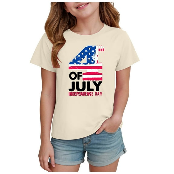 Povozer 4th of July Toddler Girl Shirt Kids Shirt for Girls 4th of July Outfits American Flag Boys Clothes Tee Independence Day Patriotic Tops for 7-8 Years,Beige