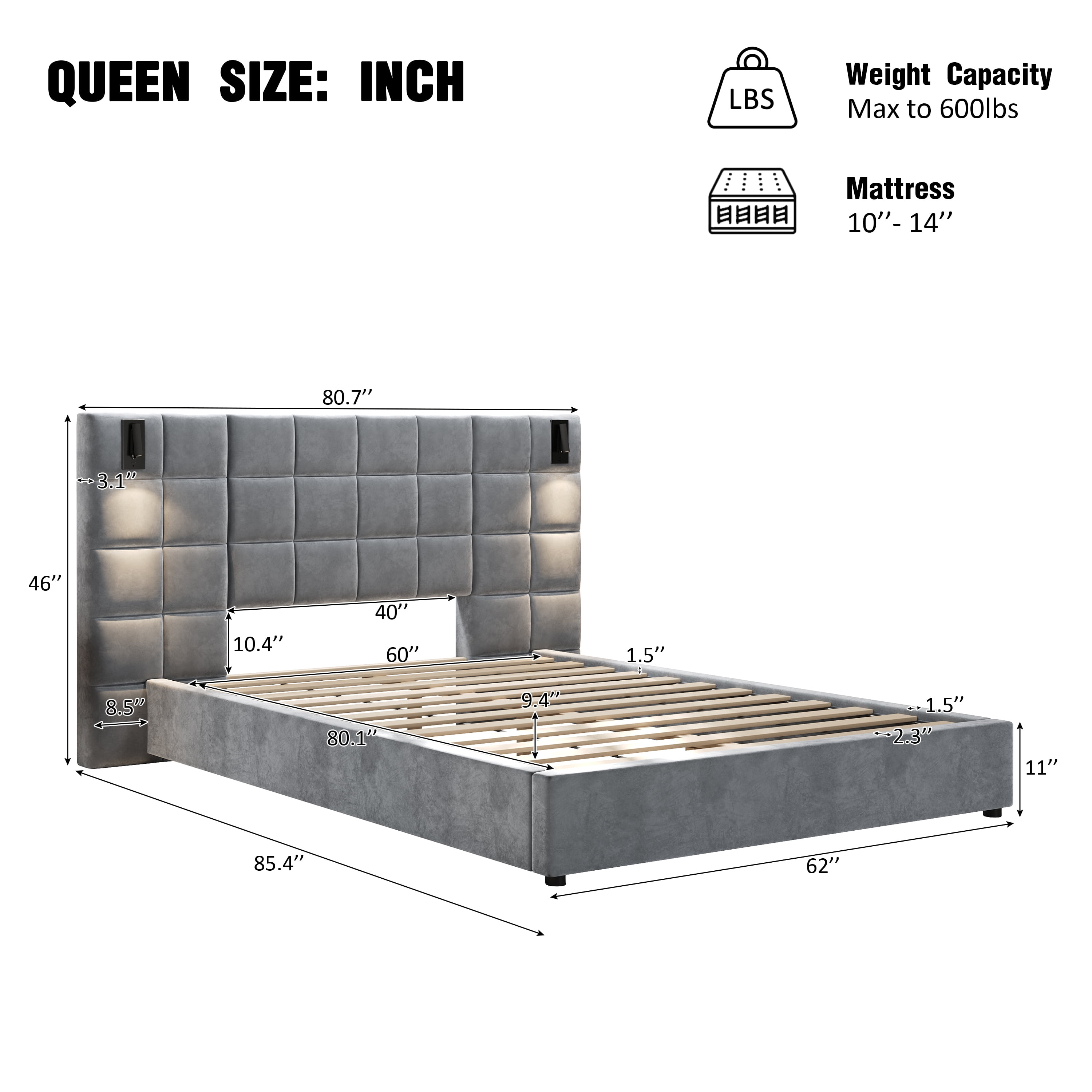 Queen Size Upholstered Bed Frame with Adjustable Wall Sconce & USB Port, Velvet Platform Bed with Wide Padded Headboard for Bedroom, Gray