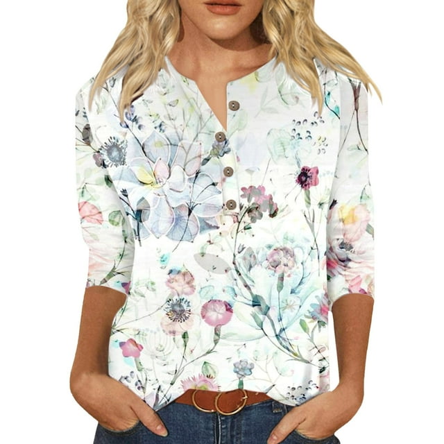 2025 Women Casual V Neck T Shirts Spandex Colorful Gradient Geometric Print Under Scrub Women Long Sleeve Shirts Button Three Quarter Sleeve Women Shirts Compression T