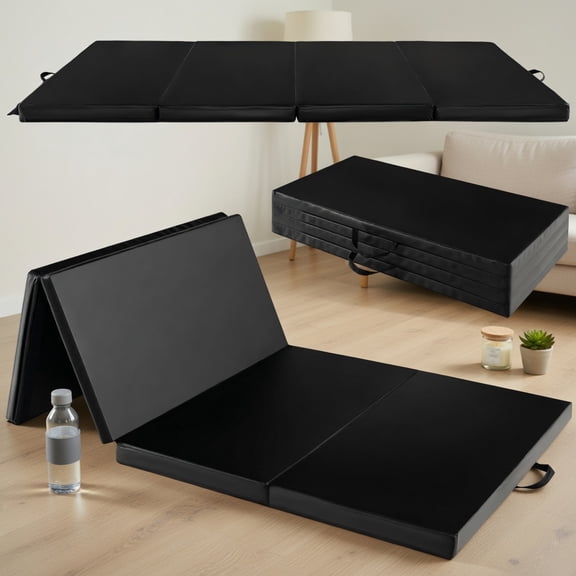 Resenkos Gymnastics Mat, Exercise Tumbling Mat,Folding Gymnastics Mat with Carry Handles and Sweatproof Detachable PU Leather Cover-Black