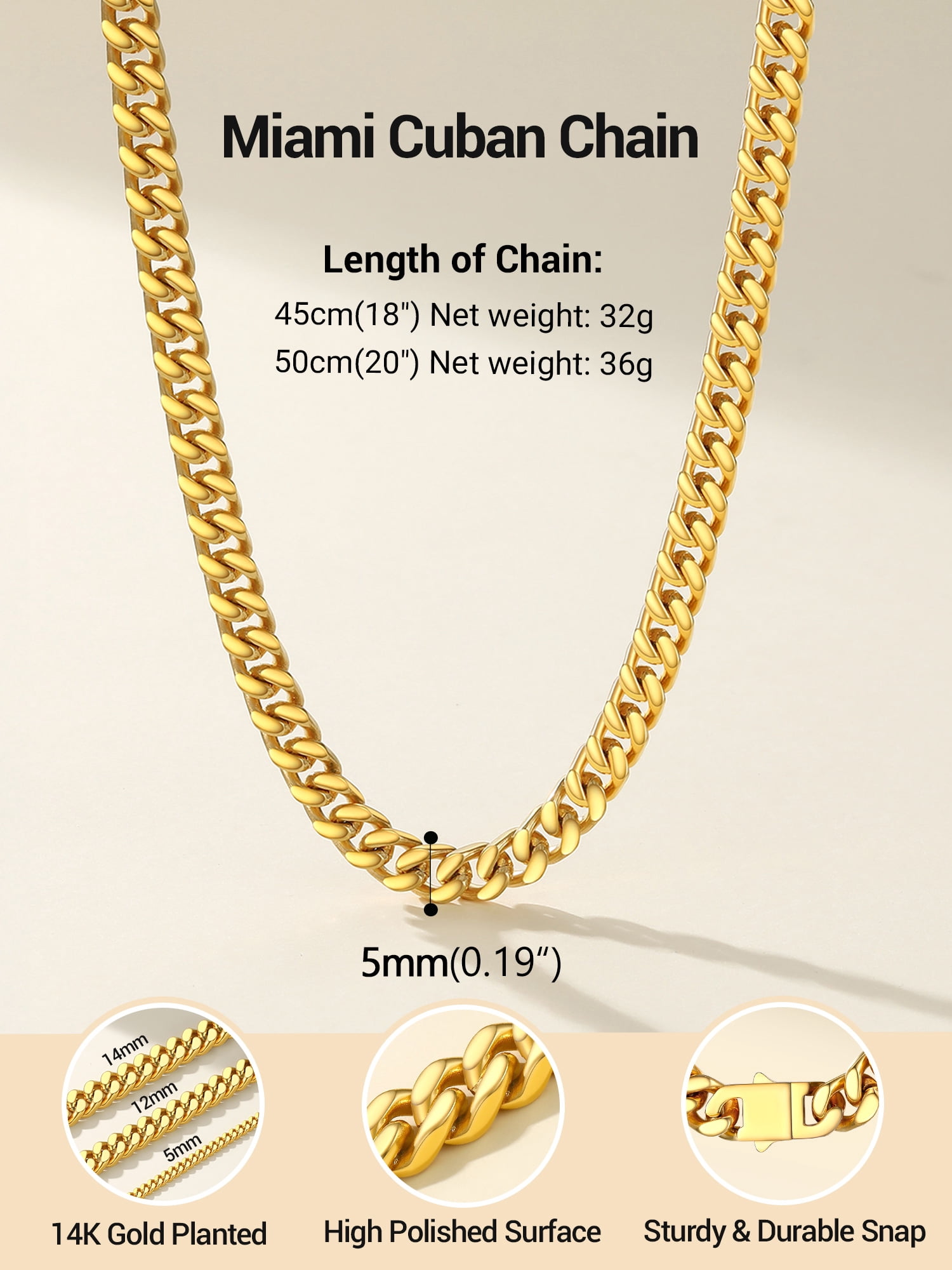 PROSTEEL Chunky Miami Cuban Link Curb Chain Necklace for Women Choker 14K Gold Plated Fashion Chain Jewelry Gifts 5mm 18 Inch Unisex Size