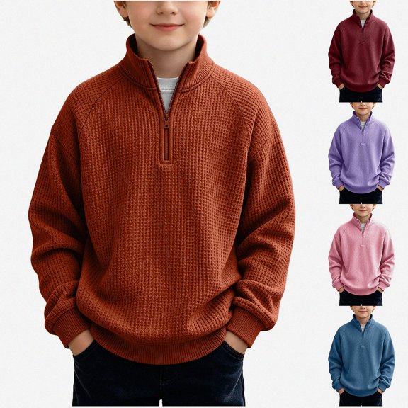 DJDLJWCJ Boys Sweatshirts Quarter Zipper Long Sleeve Pullover Sweatshirt Lightweight Solid Color Tops Orange Size 3T