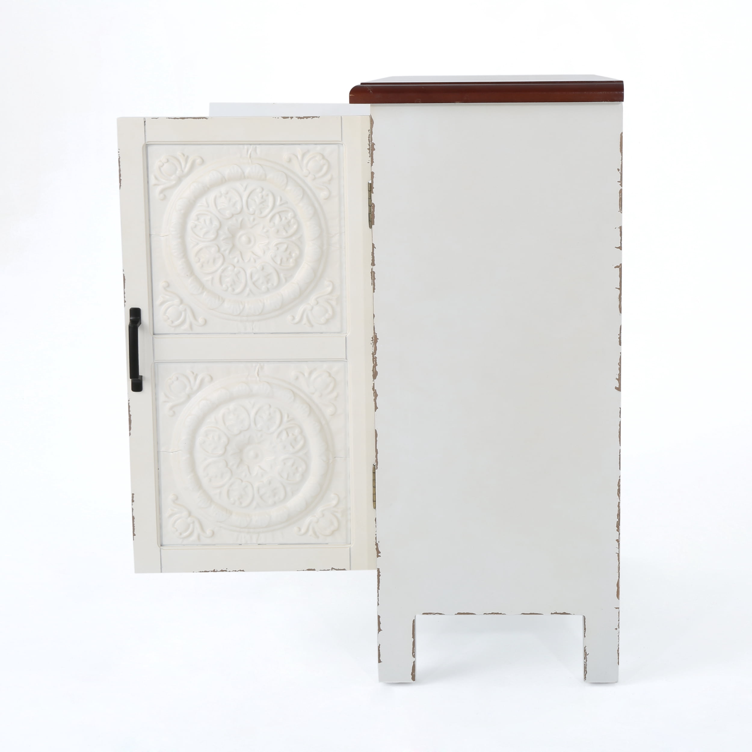 Noble House Leisha Farmhouse Firwood Distressed Cabinet with Carved Panels, White and Brown