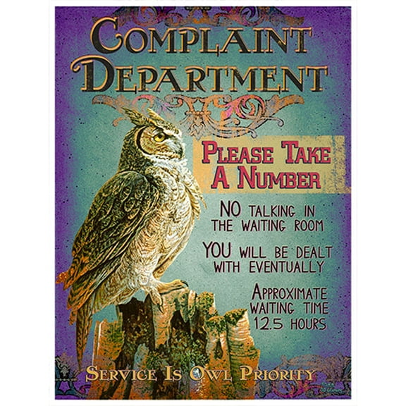 Complaint Department Please Take A Number Owl Novelty Sign | Indoor/Outdoor | Funny Home Décor for Garages, Living Rooms, Bedroom, Offices | SignMission personalized gift Wall Plaque
