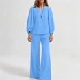 thumbnail image 6 of Womens Casual Two-Piece Outfit V-Neck Long Sleeve Top High Waist Straight Leg Pants with Pockets Cotton Linen Set Light Blue XL(XL), 6 of 6