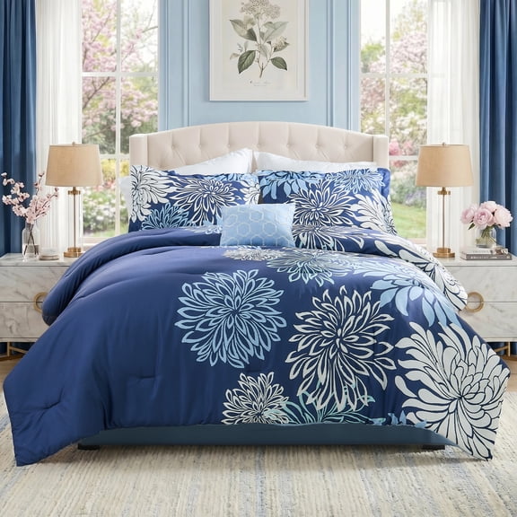 Regency Heights King Size Comforter Set, 5-Piece Floral Bedding Set for All Season, Blue Comforter Set King with Bed Skirt