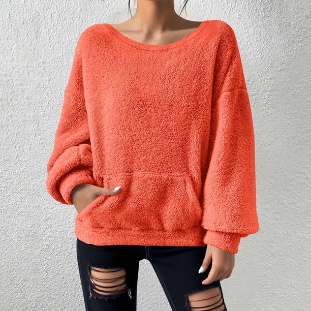 HongQid Women's Long Sleeves Crew Neck Fleece Pullover Sweatshirts with Pocket