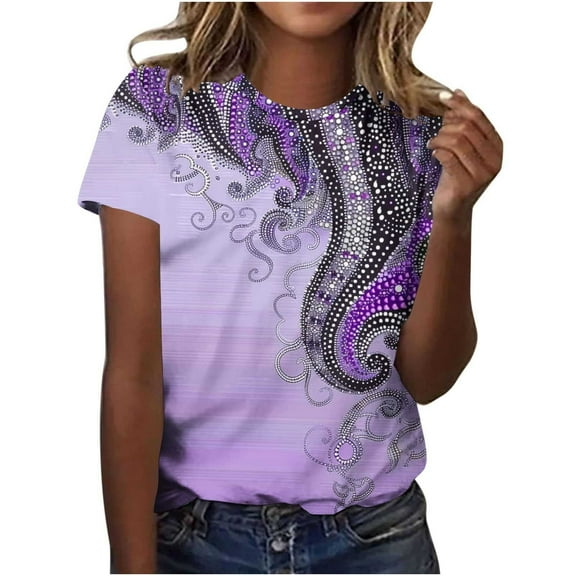 Deals Summer Womens Vintage Tops Retro Cute Floral Print Tshirt Round Neck 3/4 Sleeve Shirts Pullover Petite Tunics Blouse Plus Size Loose Fitted Tee Shirts Dressy Casual Tunic Tshirts 2025 Spring