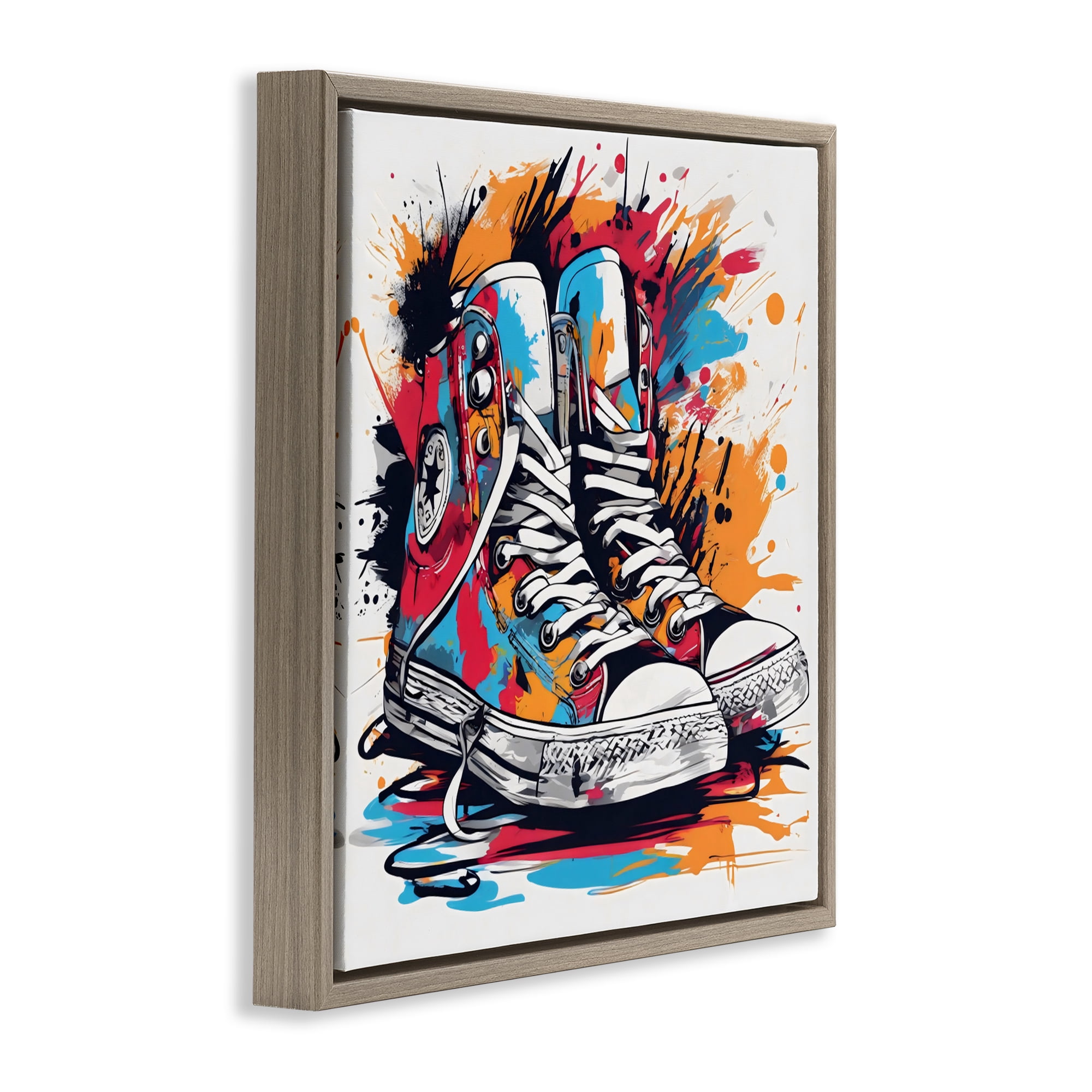 Stupell Industries Colorful Sneakers Graffiti Splash Brown Framed Floater Canvas Wall Art, design by Creative Studio