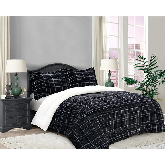 Elegant Comfort Soft & Plush Sherpa Comforter - Lilith Plaid Collection, 3-Piece Bed Set, Reversible Down Alternative Micro-Suede, Plaid Design, Cal King, Charcoal Black