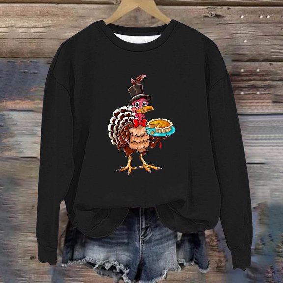 WFJCJPAF 2025 New Thanksgiving Tops for Women Plus Size ,Womens Casual Printed Round Neck Long Sleeved Top Loose Sweatshirts,Thanksgiving Tops for Women - Black S
