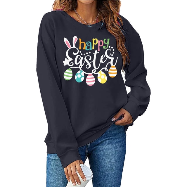 EGNMCR Easter Chemise Imprimée Femmes T-Shirts Graphiques Chemises Femmes Printemps et Été Col Rond Imprimé Easter Chandail en Molleton Ample Manches Longues Haut Chandail en Molleton Chandail en Molleton T-Shirts Femmes