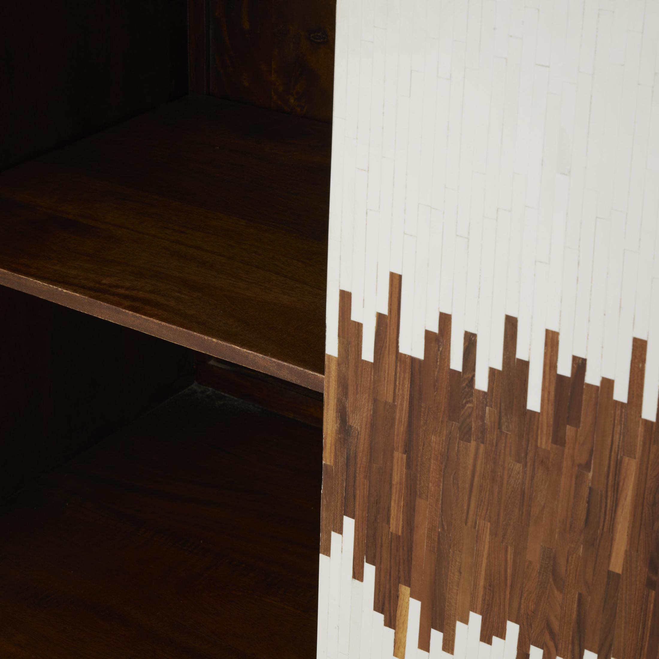 DecMode 60" x 34" Brown Mango Wood Abstract 3 Door and 3 Shelf Sideboard with White Front and Striped Pattern, 1-Piece