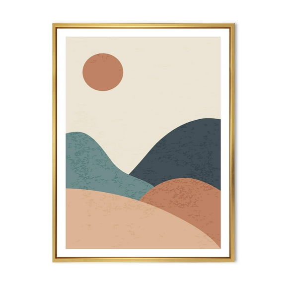 Designart 'Minimalist Vintage Landscape With Lake At Sunset' Modern Framed Canvas Wall Art Print