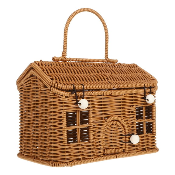 UKCOCO House Shape Woven Storage Basket for Home Use and Picnics Brown PP 1Set