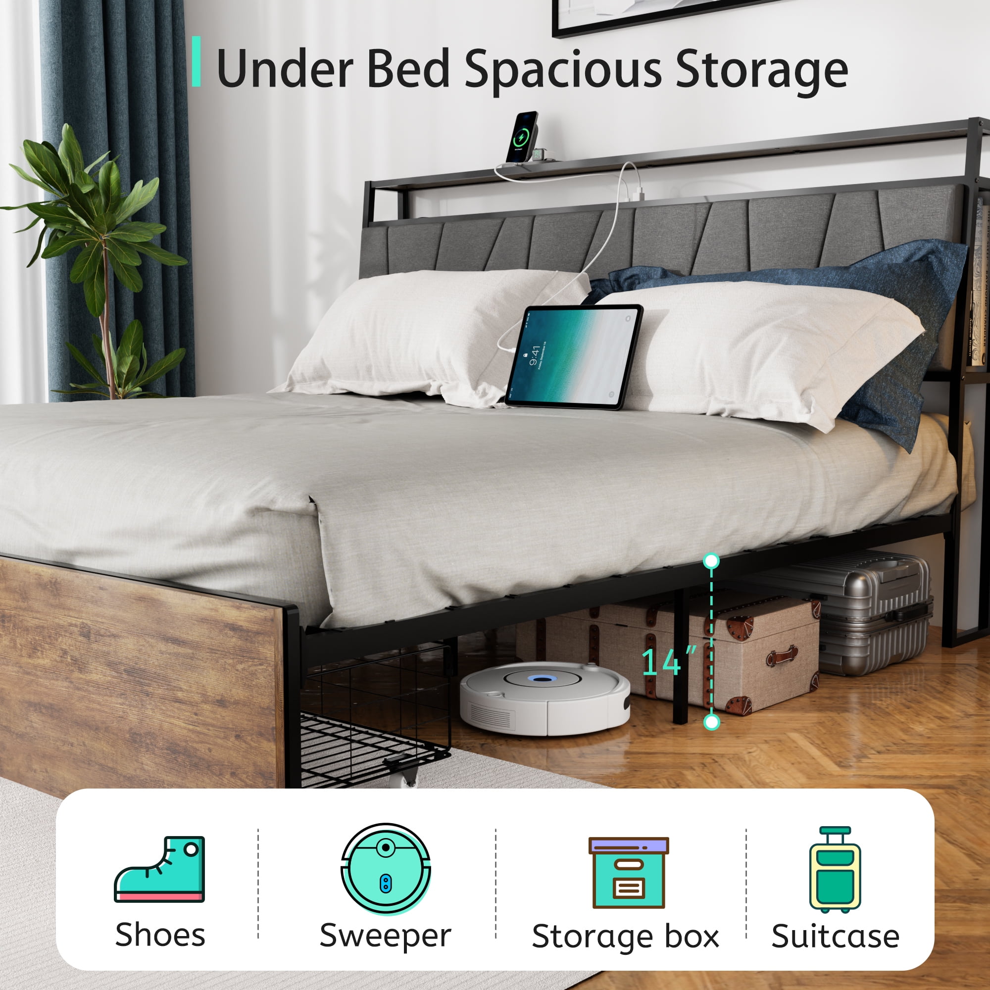 Full Bed Frame with Storage Headboard,Full Size Platform Bed Frame with Ergonomic Headboard,2 Storage Drawers, Built in Charging Station & LED, Outlets & USB,