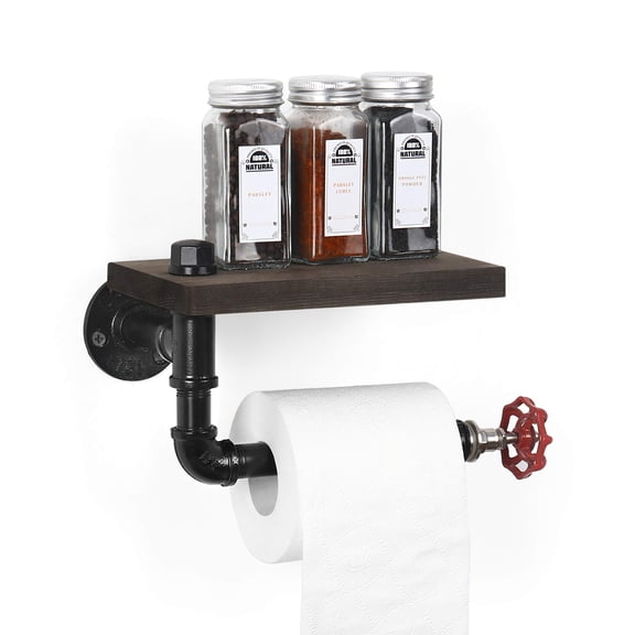 Toilet Paper Holder - Industrial Tissue Roll Rack for Bathroom, Washroom, Home with Rustic Wooden Shelf and Iron Metal Pipe, Black