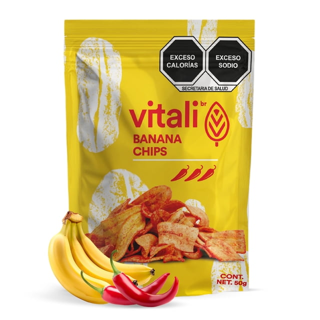 VITALI | Snacks Saludables - Caja Platano Deshidratado con Chile x 14| 50gr por unidad | Botanas Horneadas Saludables | Fruta Deshidratada Sin Gluten Sabor Chile | Producto Vegano y 100% Natural