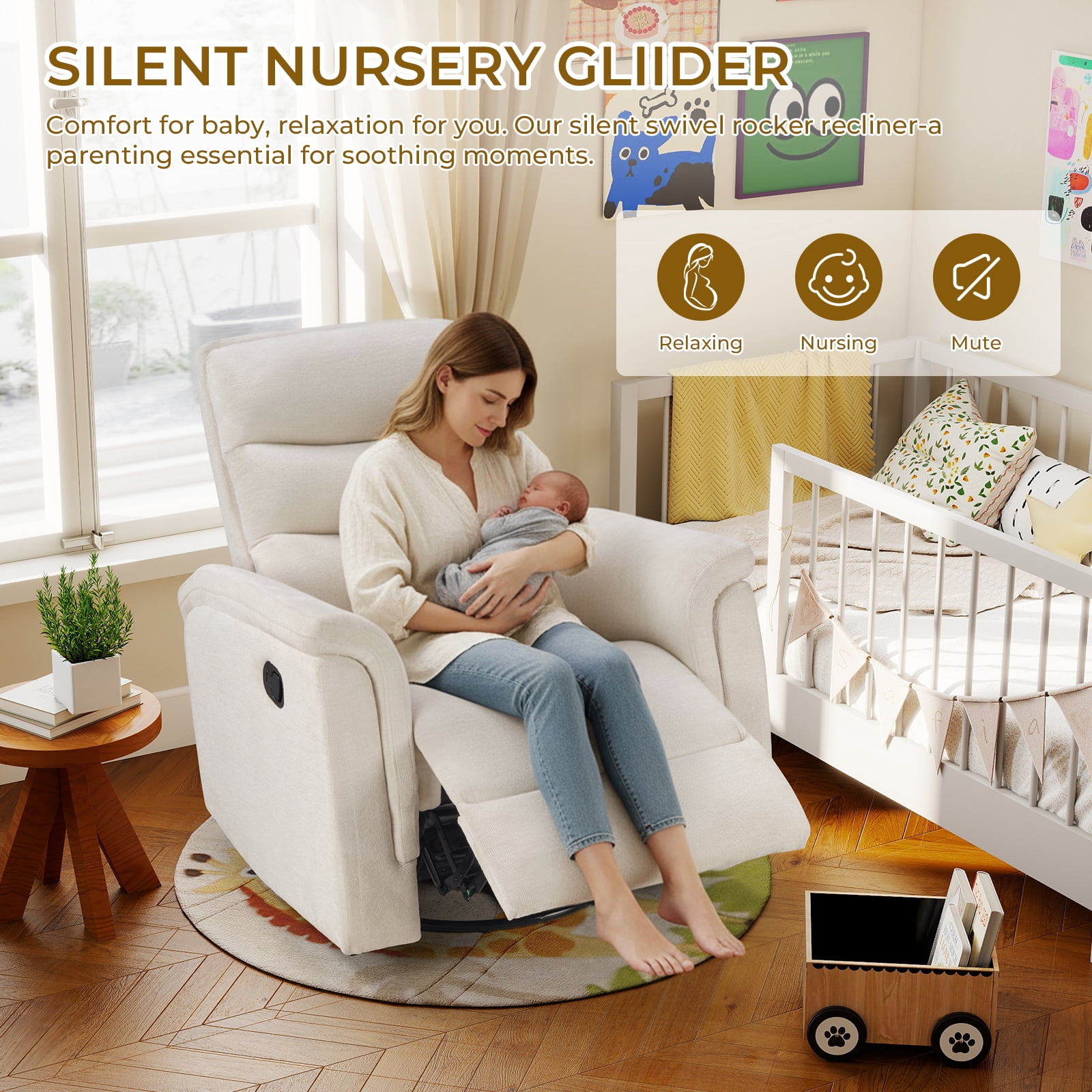 Ebello Manual Fabric Swivel Rocker Recliner, Silent Nursery Glider Chair with Soft Armrests & Backrest for Bedroom Apartment Living Room, Beige