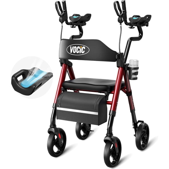 VOCIC Z22 Upright Rollator Walker with Adjustable Armrests & GelCool Seat, 300lb Capacity, 8" All-Terrain Wheels, Cup/Cane Holder-Red