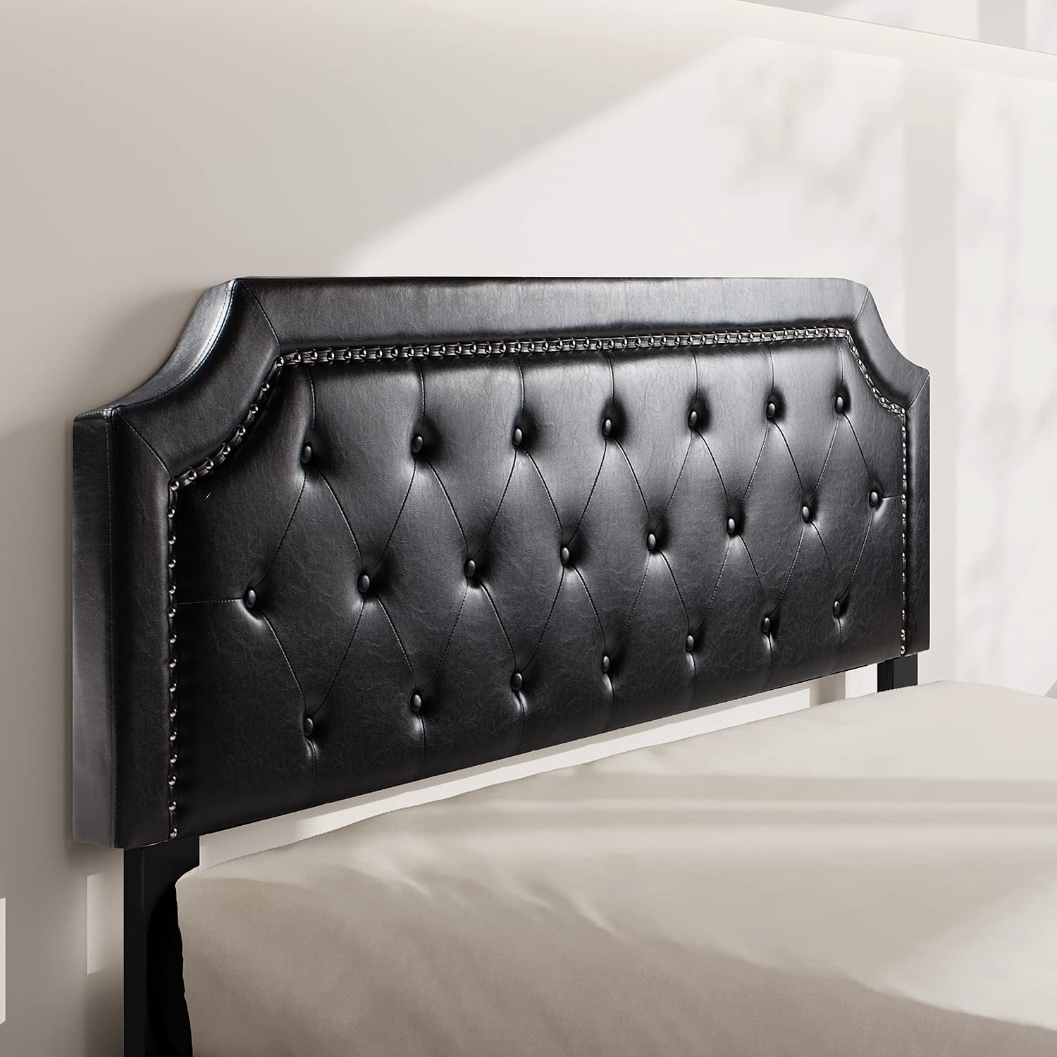 BONSOIR FULL Size Bed Frame Upholstered Low Profile Platform Bed with Tufted Faux Leather Headboard/No Box Spring Needed/No Bed Skirt Needed (Black, Full Size)