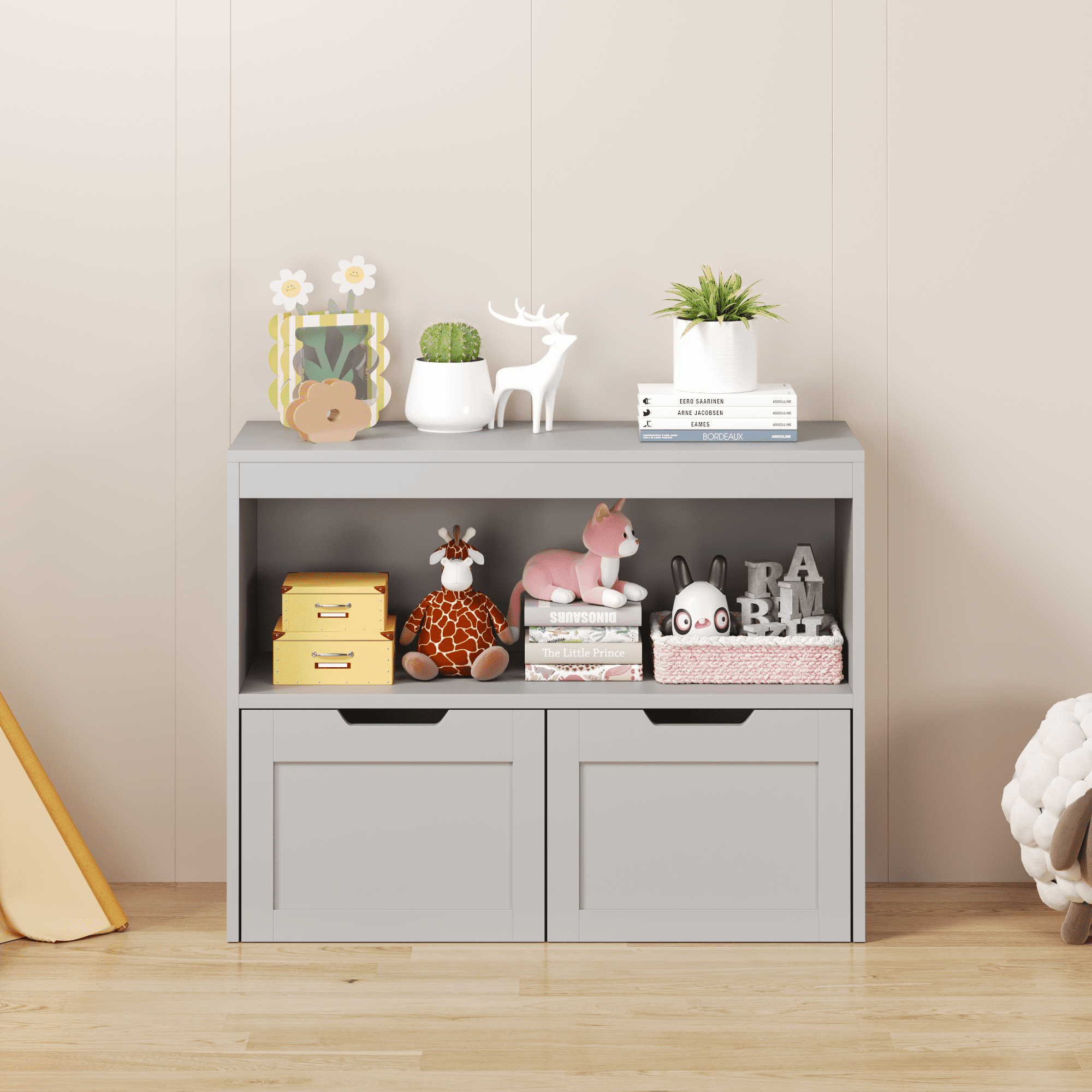 Leumius Kids Bookshelf and Toy Storage with 2 Removable Bins for Bedroom,Playroom,Gray