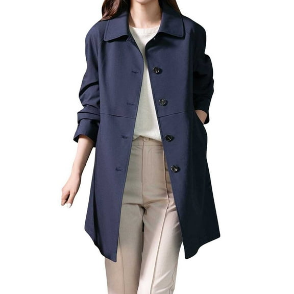 HTNBO Womens Mid Length Single Breasted Coat Classic Spring Fall Elegant Jackets Casual Trench Coats Outerwear