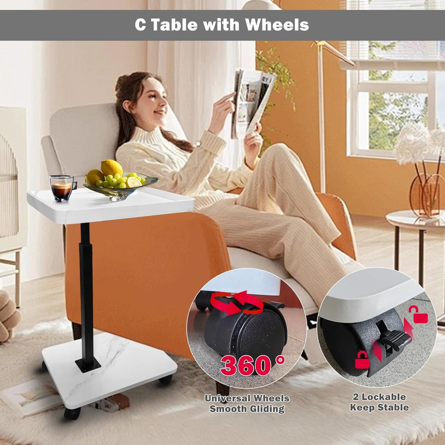 StarZe Adjustable Height C Shaped End Table,360° Swivel Side Tables with Wheel  for  Livingroom, Bedroom,Primary.