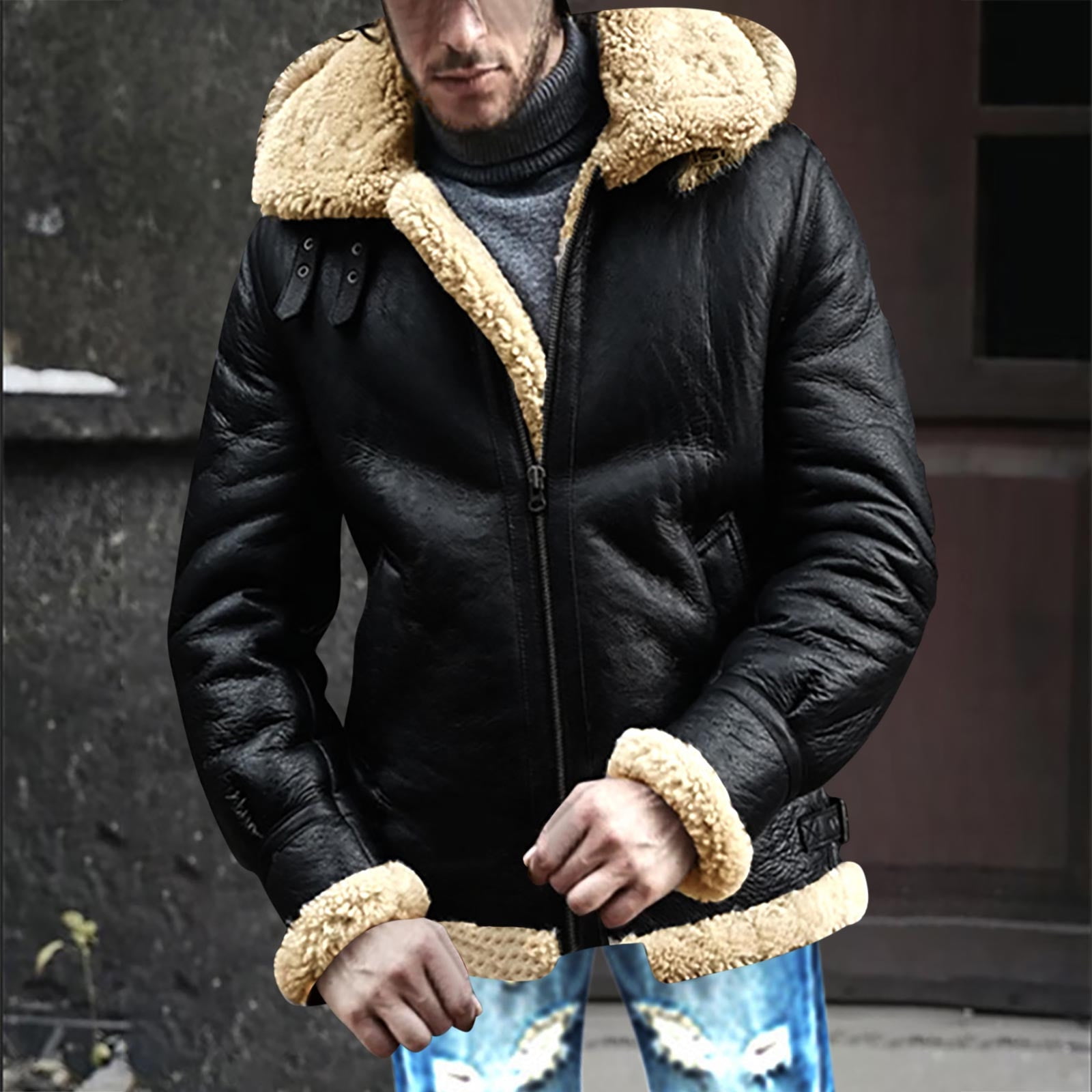 CHEEREAM Faux Leather Jacket Men Suede Faux Fur Jacket Outwear Coat with Hooded Winter Casual Sherpa Lined PU Leather Overcoat Black 3XL